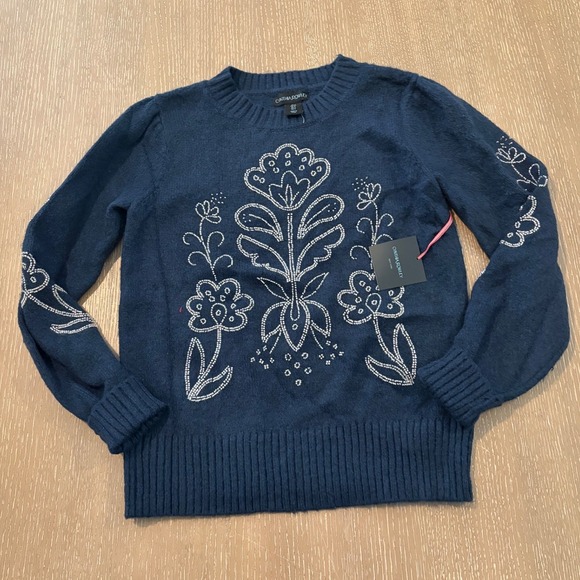 Cynthia Rowley Sweaters - NWT Cynthia Rowley Women's Navy Blue Floral Beaded Crewneck Sweater Small